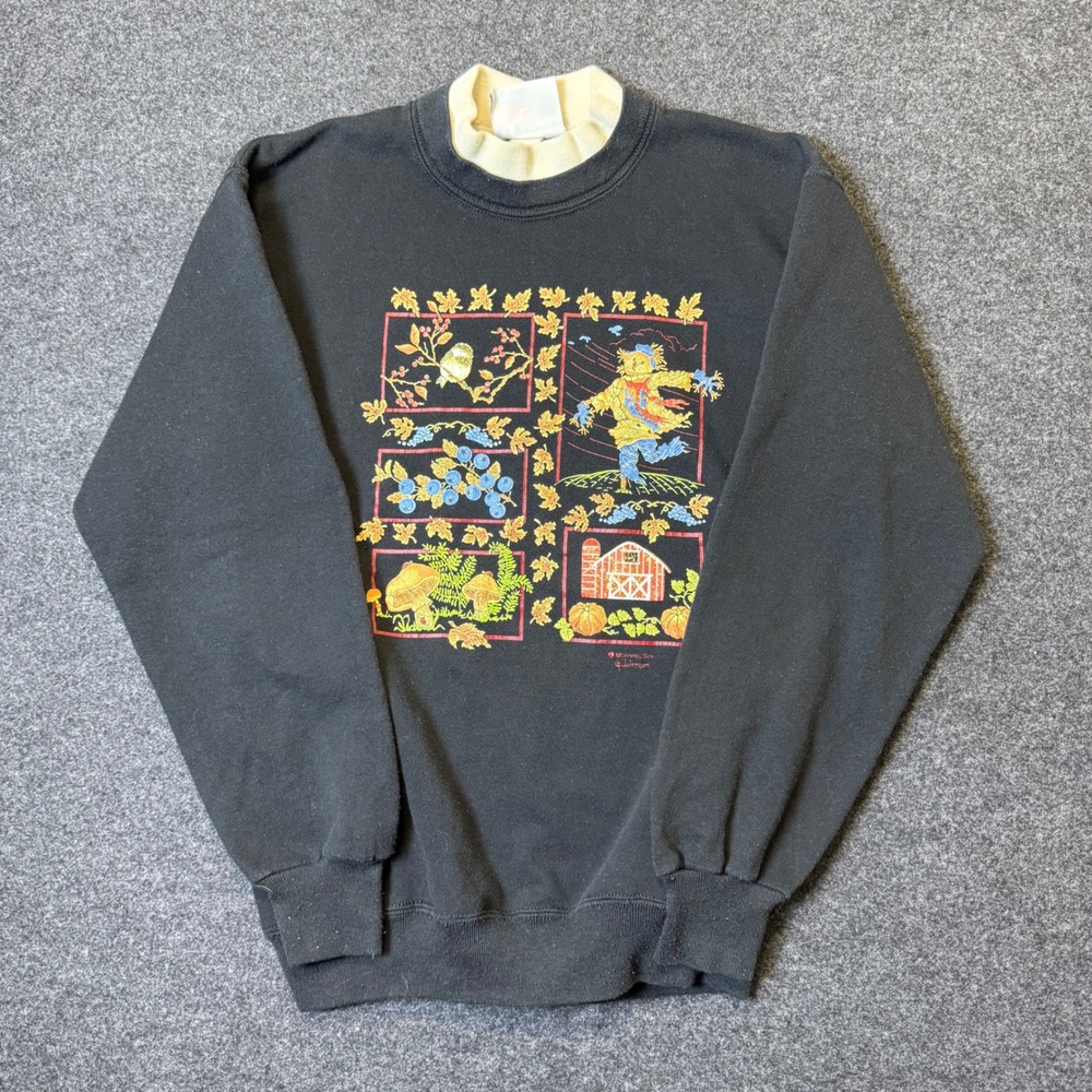 Morning Sun Sweatshirt Womens Medium Black Vintage Fall Scarecrow G Johnson USA